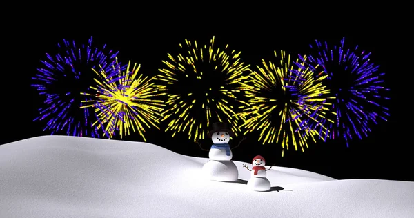 Obrázek Sněhuláků Fialovými Žlutými Vánocemi Novoroční Ohňostrojem Explodující Noční Obloze — Stock fotografie