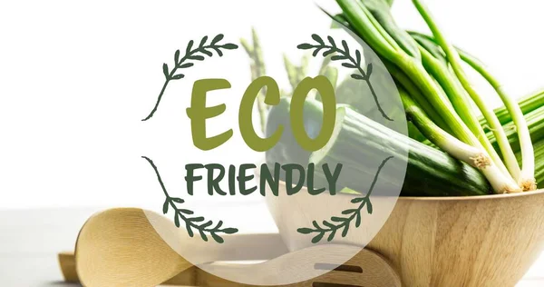 Detailní Záběr Ekologického Symbolu Text Nad Čerstvou Zeleninou Misce Digitální — Stock fotografie