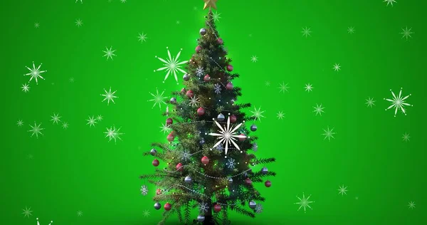 Immagine Composita Digitale Albero Natale Decorato Fiocchi Neve Sfondo Verde — Foto Stock