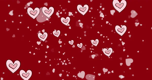 Vörös Háttérben Mozgó Rózsaszín Szívek Képe Valentin Szerelem Romantika Koncepció — Stock Fotó