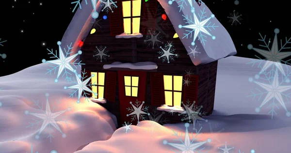 Digitally Generated Image Illuminated Snow Covered House Snowflakes Night Christmas — Stock Photo, Image