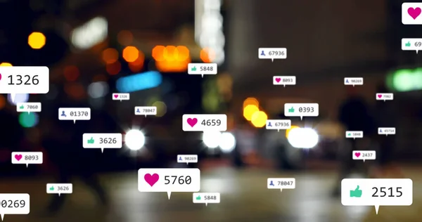Odak Şehir Araba Işıkları Dışında Sosyal Medya Simgeleri Numaralar Küresel — Stok fotoğraf