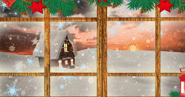 Imagen Compuesta Casa Cubierta Nieve Vista Través Ventana Decorada Navidad —  Fotos de Stock