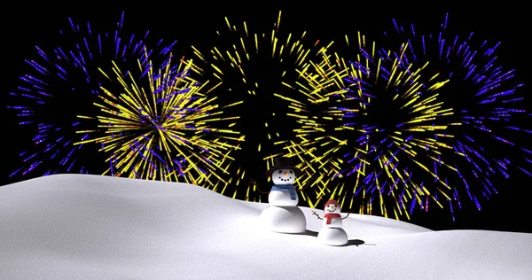 Obrázek Sněhuláků Fialovými Žlutými Vánocemi Novoroční Ohňostrojem Explodující Noční Obloze — Stock fotografie