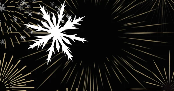 Bild Von Weißen Weihnachtsschneeflocken Und Goldenem Silvesterfeuerwerk Auf Schwarzem Hintergrund — Stockfoto