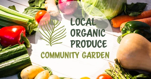 Lokale Bioprodukte Gemeinschaftsgarten Symbol Über Frischem Gemüse Arrangieren Auf Dem — Stockfoto