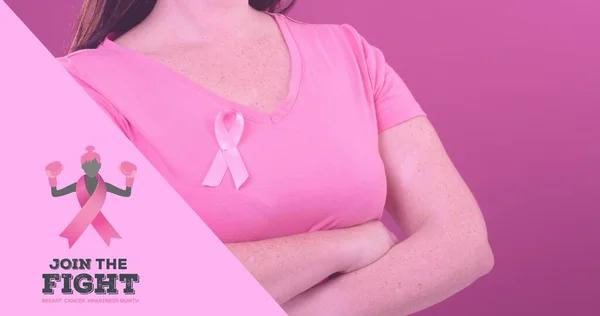 Composizione Della Donna Con Nastro Consapevolezza Del Cancro Seno Slogan — Foto Stock