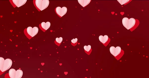 赤い背景に浮かぶ赤とピンクのハートのイメージ バレンタインデー愛とロマンスのコンセプトをデジタルで生成した画像 — ストック写真