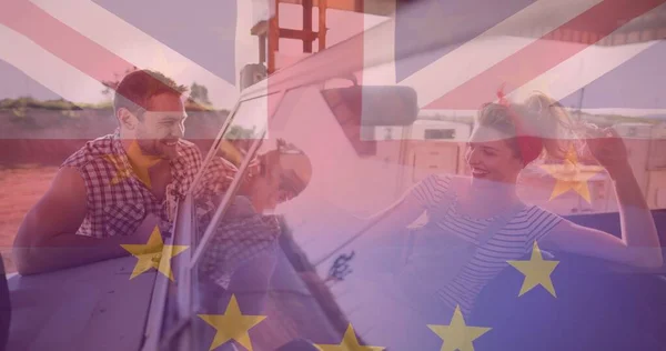 Digitaal Composiet Beeld Van Europese Unie Britse Vlag Romantisch Koppel — Stockfoto