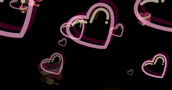 Afbeelding Van Roze Harten Bewegend Zwarte Achtergrond Valentijnsdag Liefde Romantiek — Stockfoto