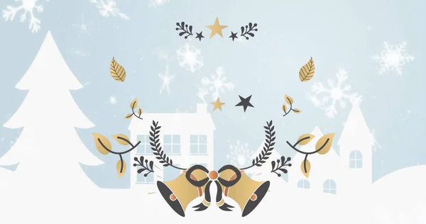 Bild Der Weihnachtsdekoration Mit Kopierraum Und Schnee Auf Blauem Hintergrund — Stockfoto