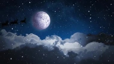 Noel Baba 'nın kızak içindeki animasyonu kış manzarası boyunca ren geyikleriyle kar yağarken. Noel, gelenek ve kutlama konsepti dijital olarak oluşturuldu.