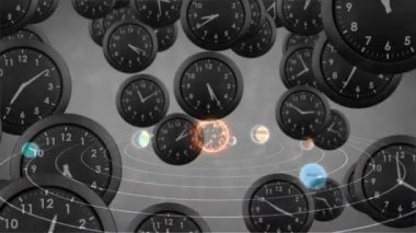 Güneş sistemlerinin, gezegenlerin ve saatlerin üzerindeki uzayın animasyonu. küresel alan, çevre ve zaman kavramı dijital olarak oluşturulmuş video.