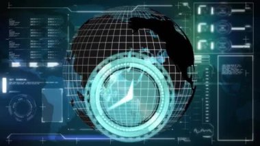 Ekranda saat ve veri işleme animasyonu. küresel iş, veri işleme ve dijital arayüz kavramı dijital olarak oluşturulmuş video.