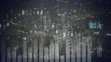 Şehir manzarası üzerinde veri işleme ile istatistiklerin animasyonu. küresel bağlantılar ve veri işleme konsepti dijital olarak oluşturulmuş video.