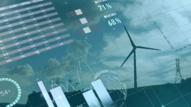 Rüzgar türbini üzerinde istatistik ve veri işleme animasyonu. küresel ısınma, iklim değişikliği ve sürdürülebilirlik kavramı dijital olarak oluşturulmuş video.