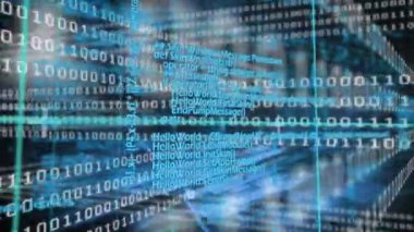 İkili kodlama üzerine veri işleme animasyonu. küresel veri işleme ve dijital arayüz konsepti dijital olarak oluşturulmuş video.