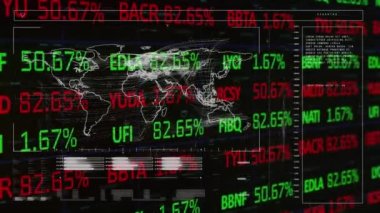 Dünya haritası üzerinde istatistik ve veri işleme animasyonları. küresel iş, veri işleme, dijital arayüz ve bağlantılar konsepti dijital olarak oluşturulmuş video.