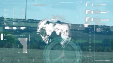 Rüzgâr türbininin üzerindeki dünya, istatistik ve veri işleme animasyonları. küresel ısınma, iklim değişikliği ve sürdürülebilirlik kavramı dijital olarak oluşturulmuş video.