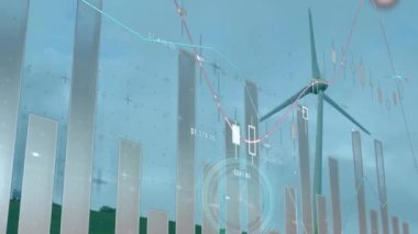 Rüzgar türbini üzerinde saat, istatistik ve veri işleme animasyonu. küresel ısınma, iklim değişikliği ve sürdürülebilirlik kavramı dijital olarak oluşturulmuş video.