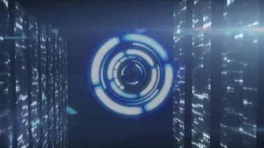 Bilgisayar sunucularıyla teknoloji odasında yapılan tarama ve veri işleme animasyonları. küresel bağlantılar, veri işleme ve dijital arayüz konsepti dijital olarak oluşturulmuş video.