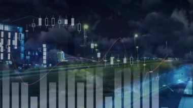 Bulutların ve gökyüzünün üzerinde hızlı yol trafiğiyle işlenen istatistiklerin animasyonu. küresel veri işleme ve dijital arayüz konsepti dijital olarak oluşturulmuş video.