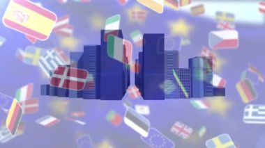 Avrupa ülkelerinin bayraklarının modern şehir manzarası üzerinde Avrupa Birliği bayrağıyla canlandırılması. Avrupa Birliği, siyaset, iş ve ekonomi konsepti dijital olarak oluşturulmuş video.