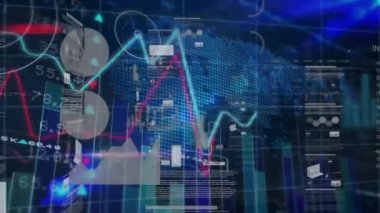 Dünya haritası üzerinde istatistik ve veri işleme animasyonları. küresel iş, veri işleme, dijital arayüz ve bağlantılar konsepti dijital olarak oluşturulmuş video.