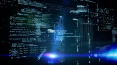 İkili kodlama üzerine veri işleme animasyonu. küresel veri işleme ve dijital arayüz konsepti dijital olarak oluşturulmuş video.