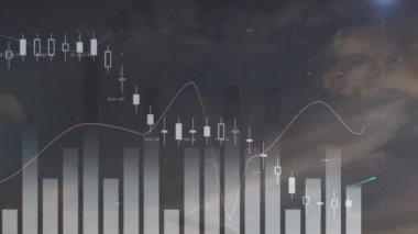 Bulutların ve gökyüzünün üzerinde işlenen istatistiklerin animasyonu. küresel veri işleme ve dijital arayüz konsepti dijital olarak oluşturulmuş video.