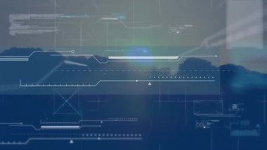 Manzara üzerindeki ekranlarda veri işleme animasyonu. küresel bağlantılar ve veri işleme konsepti dijital olarak oluşturulmuş video.