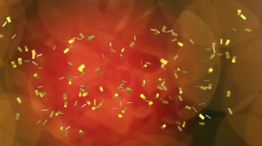 Kırmızı kar tanelerinin üzerine düşen altın konfetilerin animasyonu. Noel ağacı süslemesi, ve bokeh ışıkları. Noel, kutlama, gelenek, sezon ve olay konsepti dijital olarak oluşturulmuş video.