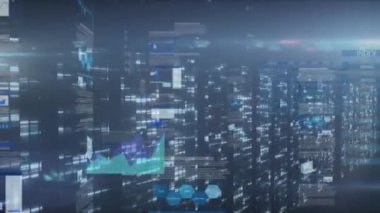 Bilgisayar sunucularıyla teknoloji odasında yapılan tarama ve veri işleme animasyonları. küresel bağlantılar, veri işleme ve dijital arayüz konsepti dijital olarak oluşturulmuş video.