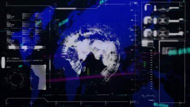 Dünya ve dünya haritası üzerinde istatistik ve veri işleme animasyonları. küresel iş, veri işleme, dijital arayüz ve bağlantılar konsepti dijital olarak oluşturulmuş video.