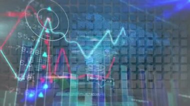 Dünya haritası üzerinde istatistik ve veri işleme animasyonları. küresel iş, veri işleme, dijital arayüz ve bağlantılar konsepti dijital olarak oluşturulmuş video.