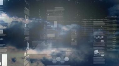 Bulutların ve gökyüzünün üzerinde işlenen istatistiklerin animasyonu. küresel veri işleme ve dijital arayüz konsepti dijital olarak oluşturulmuş video.
