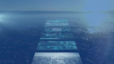 Manzara üzerindeki ekranlarda veri işleme animasyonu. küresel bağlantılar ve veri işleme konsepti dijital olarak oluşturulmuş video.