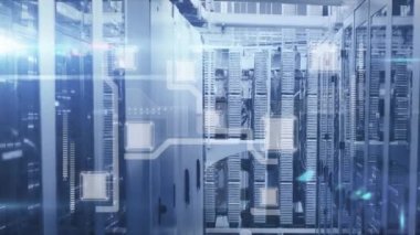Bilgisayar sunucularıyla teknoloji odasındaki bağlantıların ve veri işlemenin animasyonu. küresel bağlantılar, veri işleme ve dijital arayüz konsepti dijital olarak oluşturulmuş video.