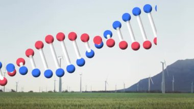 Kırsal kesimdeki rüzgar türbinlerinin üzerinde dönen DNA iplikçiklerinin animasyonu. küresel ısınma, iklim değişikliği, rüzgar enerjisi ve sürdürülebilirlik kavramı dijital olarak oluşturulmuş video.