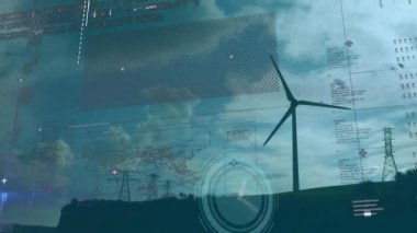 Rüzgar türbini üzerinde istatistik ve veri işleme animasyonu. küresel ısınma, iklim değişikliği ve sürdürülebilirlik kavramı dijital olarak oluşturulmuş video.