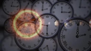 Güneş sisteminin, gezegenlerin ve saatlerin üzerindeki uzayın animasyonu. küresel alan, çevre ve zaman kavramı dijital olarak oluşturulmuş video.