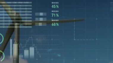 Rüzgâr türbininin üzerindeki istatistiklerin canlandırması. küresel ısınma, iklim değişikliği, sürdürülebilirlik, rüzgar enerjisi ve veri işleme kavramı dijital olarak oluşturulmuş video.