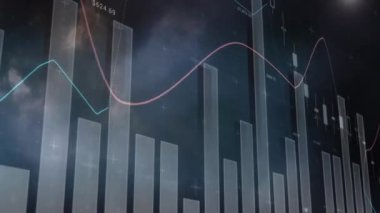 Bulutların ve gökyüzünün üzerinde işlenen istatistiklerin animasyonu. küresel veri işleme ve dijital arayüz konsepti dijital olarak oluşturulmuş video.