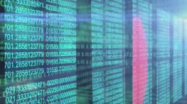 Bilgisayar sunucuları üzerinde numara işleme ve biyometrik parmak izi animasyonu. küresel veri işleme, veri transferi ve bilgi teknolojisi konsepti dijital olarak oluşturulmuş video.