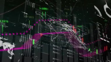 Dünya haritası üzerinde istatistik ve veri işleme animasyonları. küresel iş, veri işleme, dijital arayüz ve bağlantılar konsepti dijital olarak oluşturulmuş video.