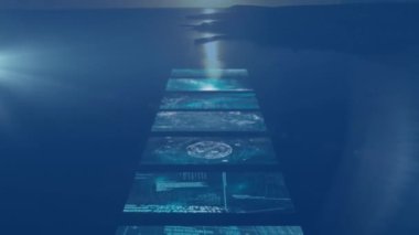 Manzara üzerindeki ekranlarda veri işleme animasyonu. küresel bağlantılar ve veri işleme konsepti dijital olarak oluşturulmuş video.