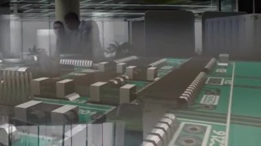 Modern ofiste konuşan iş adamlarının ofis binasının animasyonu. iş, finans ve ağ konsepti dijital olarak oluşturulmuş video.