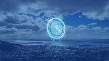 Saatin animasyonu manzara üzerinde hızla ilerliyor. küresel bağlantılar ve veri işleme konsepti dijital olarak oluşturulmuş video.