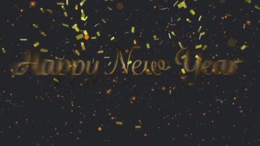 Altın metnin animasyonu mutlu yıllar, altın konfetileri ve siyah üzerine turuncu ışık lekeleri. kutlama, gelenek ve mevsimsel olay konsepti dijital olarak oluşturulmuş video.