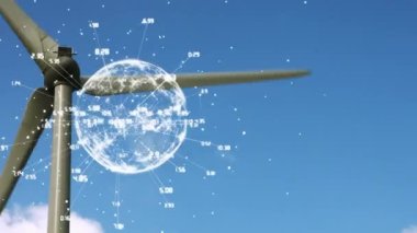 Kırsal kesimde rüzgar türbini üzerinde sayıları olan dünyanın animasyonu. küresel ısınma, iklim değişikliği, rüzgar enerjisi ve sürdürülebilirlik kavramı dijital olarak oluşturulmuş video.